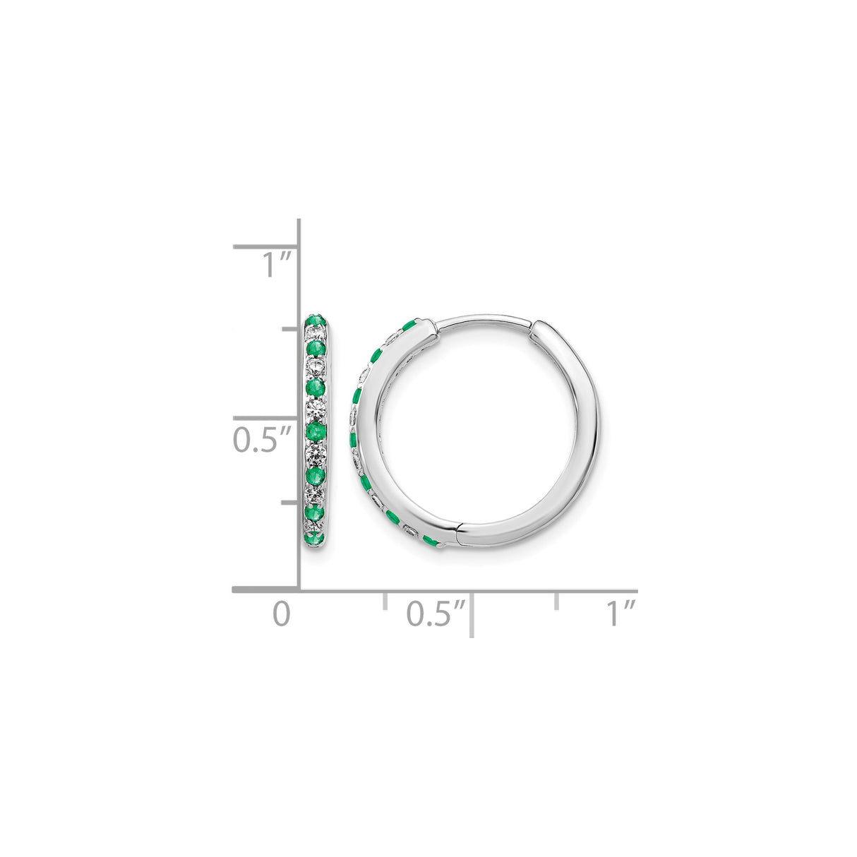 14k White Gold Hoop Earrings with Alternating Emerald and Diamond Stones, Modern Design