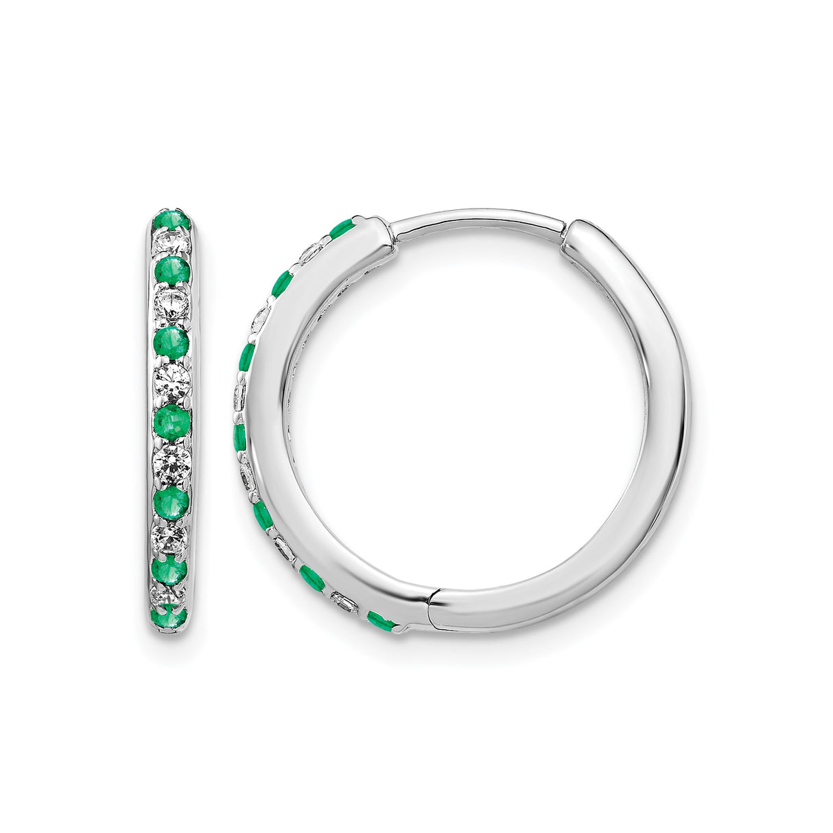 14k White Gold Hoop Earrings with Alternating Emerald and Diamond Stones, Modern Design