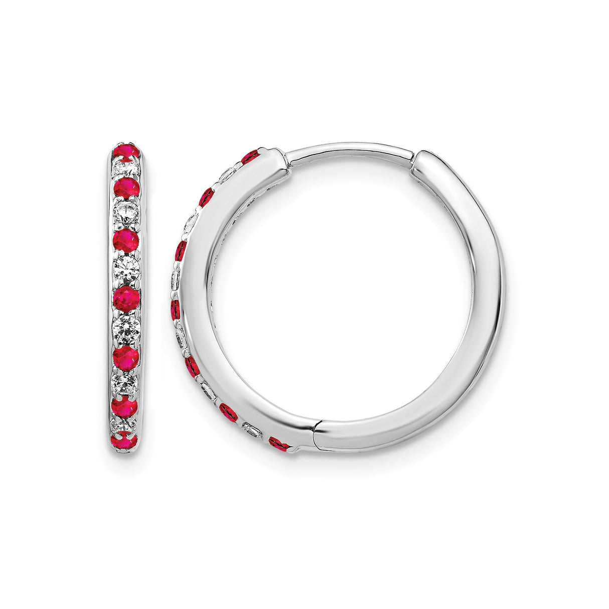 14k White Gold Hoop Earrings with Ruby and Diamond Accents, Classic Round Style