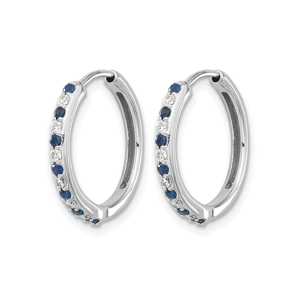 14k White Gold Hoop Earrings with Blue Sapphires and White Diamonds, Classic Formal Style
