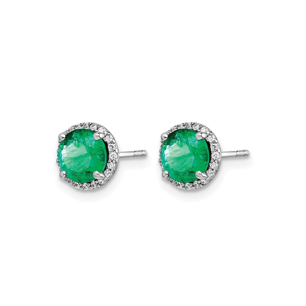 14k White Gold Emerald Stud Earrings with Diamond Halo for Women