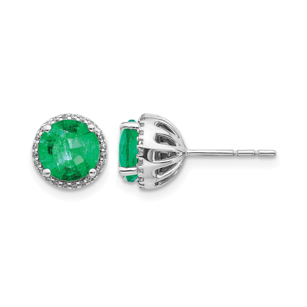 14k White Gold Emerald Stud Earrings with Diamond Halo for Women
