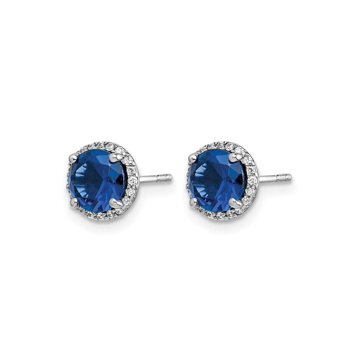 14k White Gold Stud Earrings with Round Sapphire and Diamond Halo