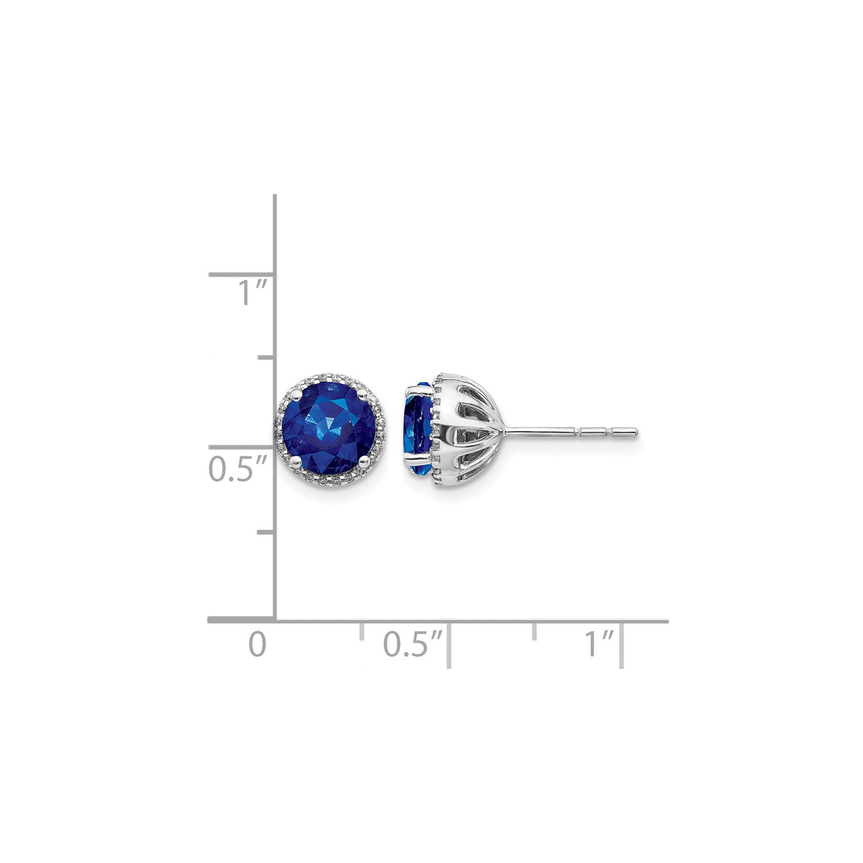 14k White Gold Stud Earrings with Round Sapphire and Diamond Halo