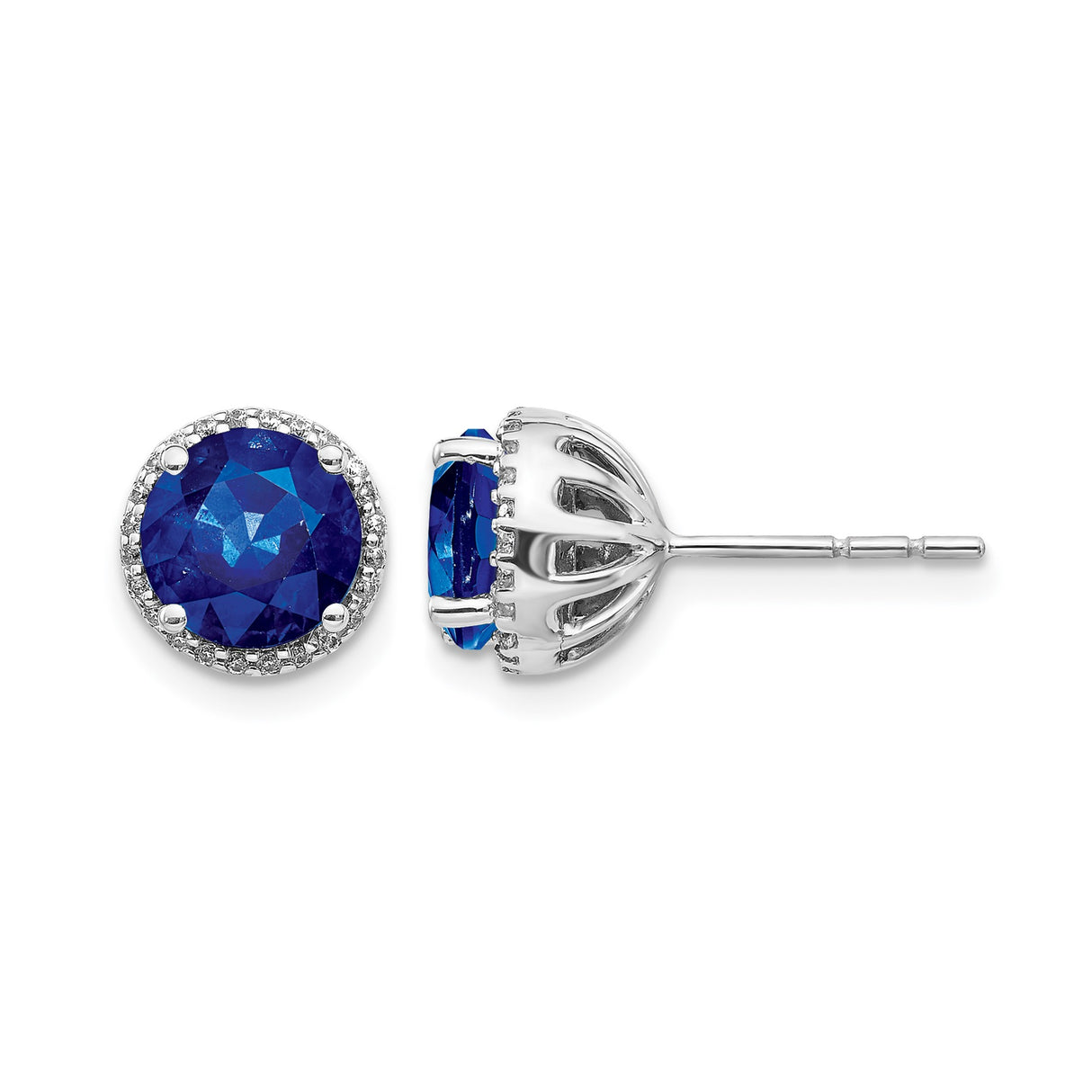 14k White Gold Stud Earrings with Round Sapphire and Diamond Halo