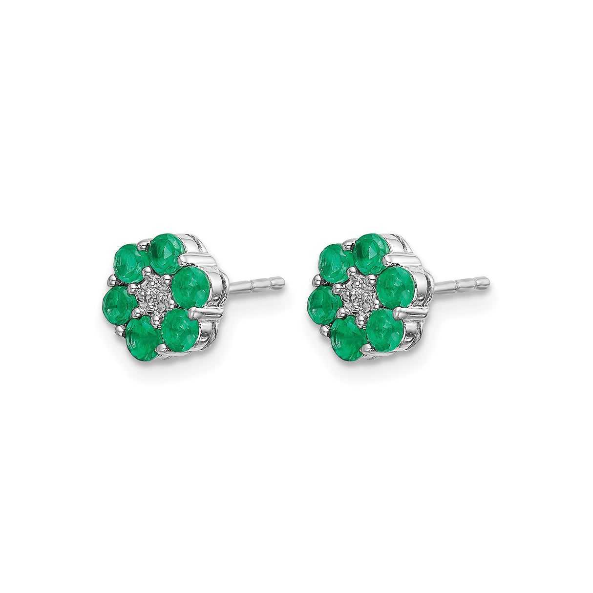 10k White Gold Stud Earrings with Emerald and Diamond, Floral Cluster Design for Women