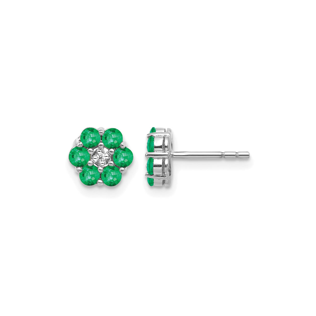 10k White Gold Stud Earrings with Emerald and Diamond, Floral Cluster Design for Women