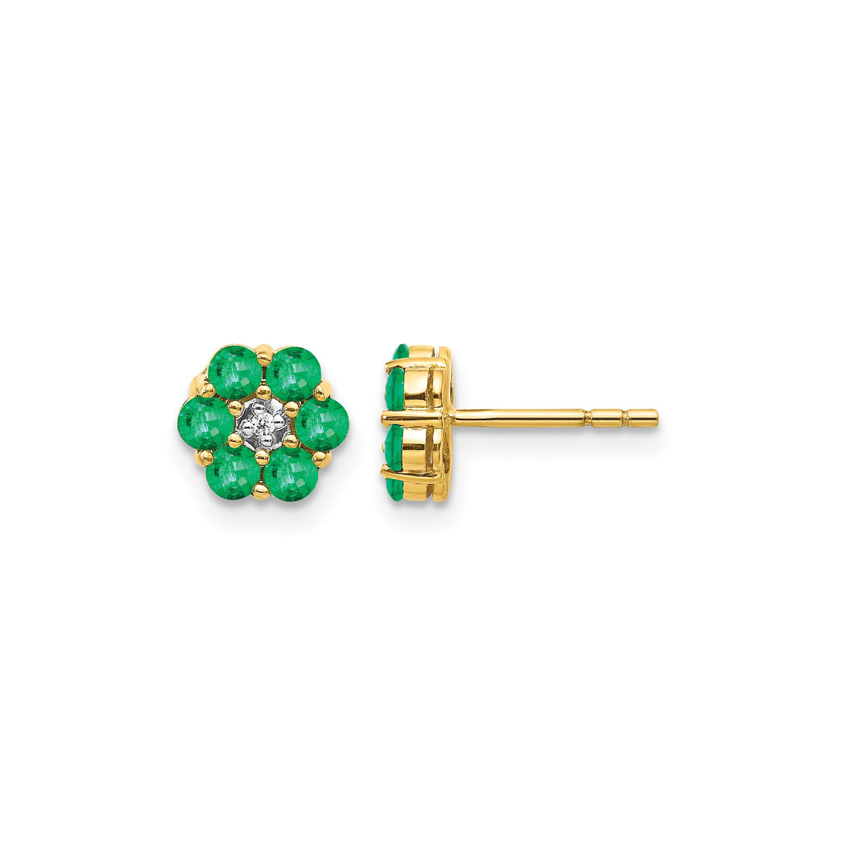 10k Yellow Gold Floral Stud Earrings with Emerald and Diamond, Nature-Inspired Design for Women