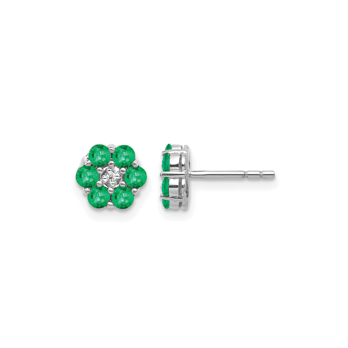 14k White Gold Stud Earrings with Emerald and Diamond Floral Cluster Design for Women