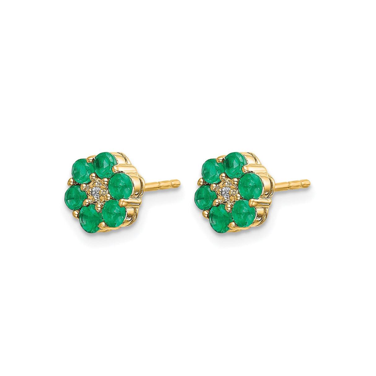 14k Yellow Gold Floral Stud Earrings with Emerald and Diamond Two-Tone Design for Women
