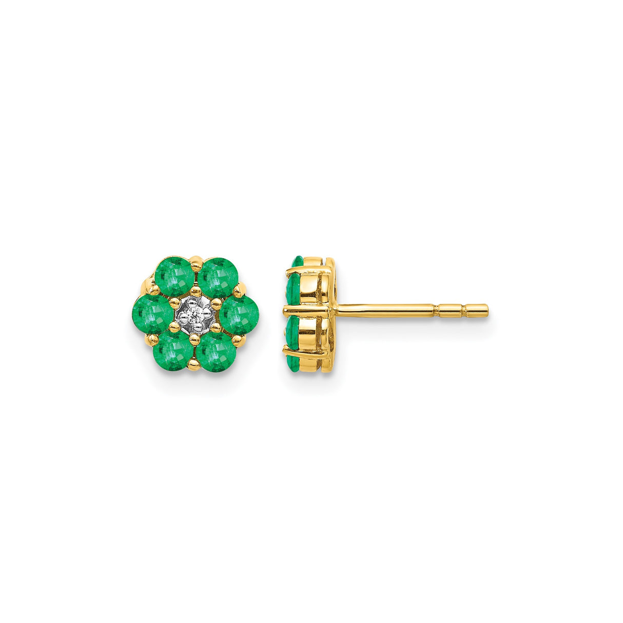 14k Yellow Gold Floral Stud Earrings with Emerald and Diamond Two-Tone Design for Women