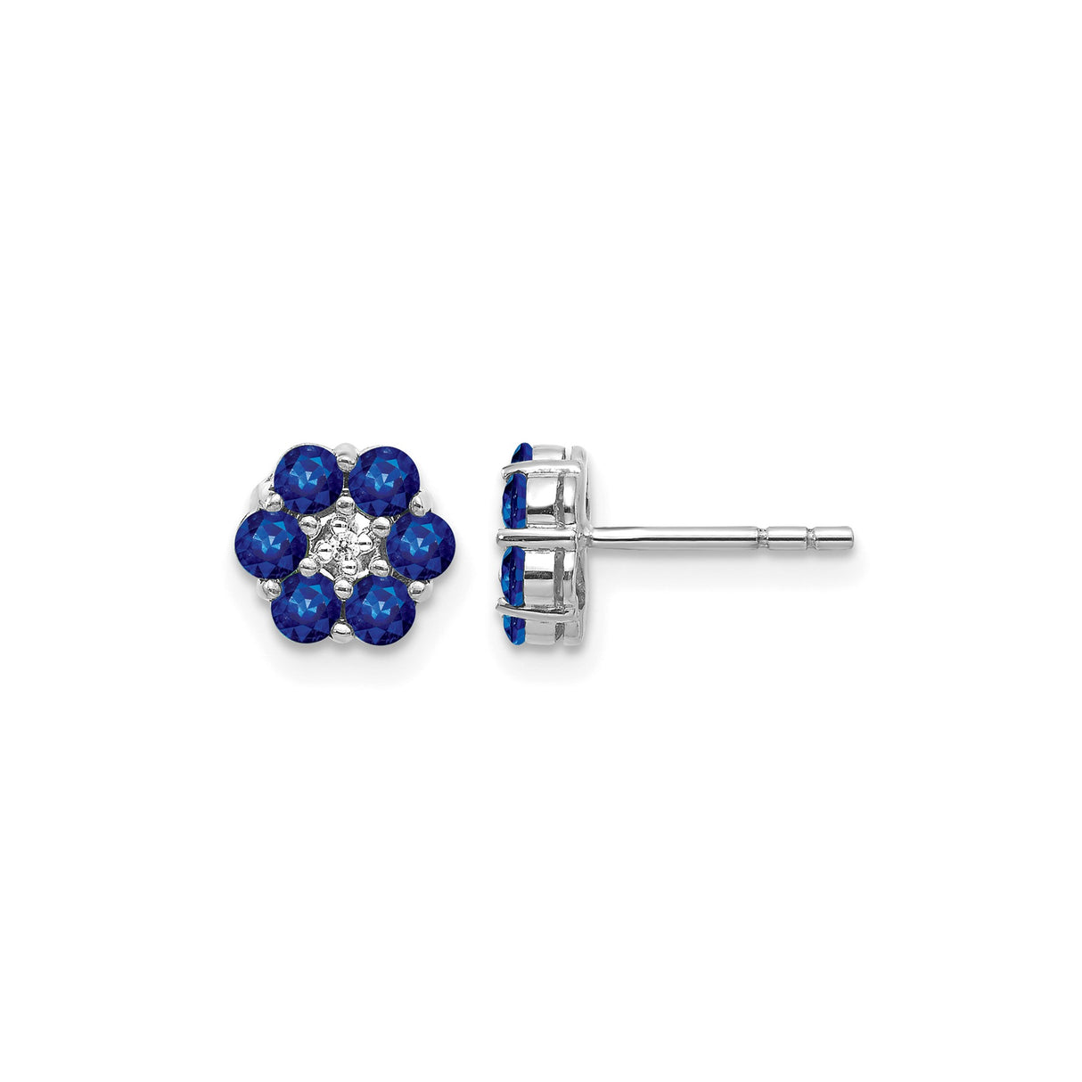10k White Gold Floral Stud Earrings with Blue Sapphire and Diamond Accent