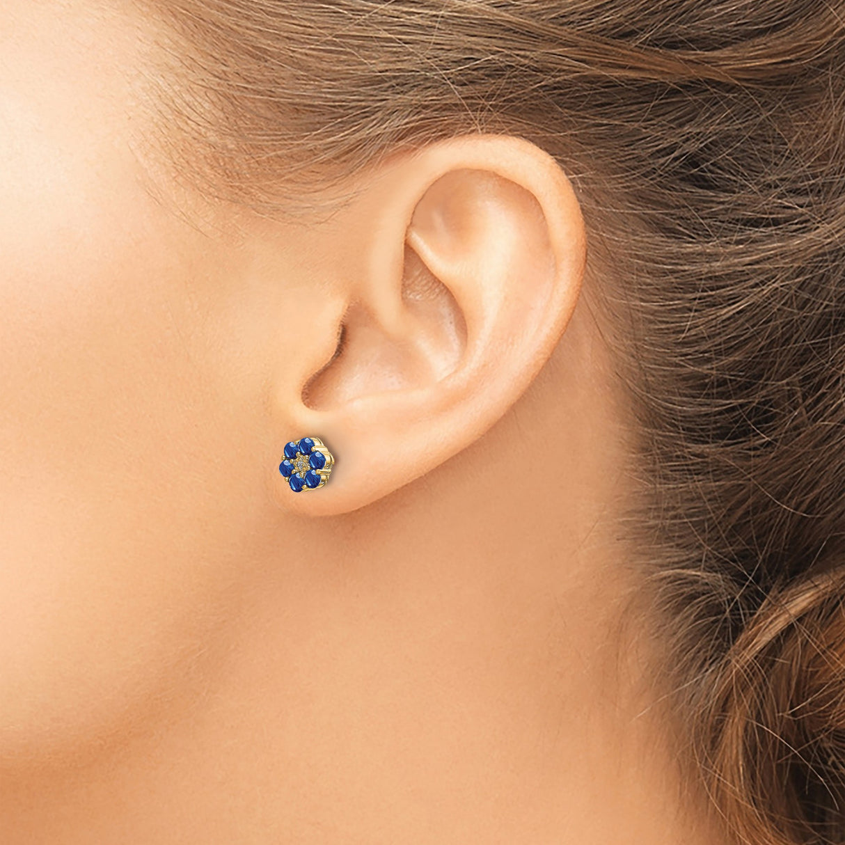 10k Yellow Gold Floral Stud Earrings with Sapphire and Diamond Accent