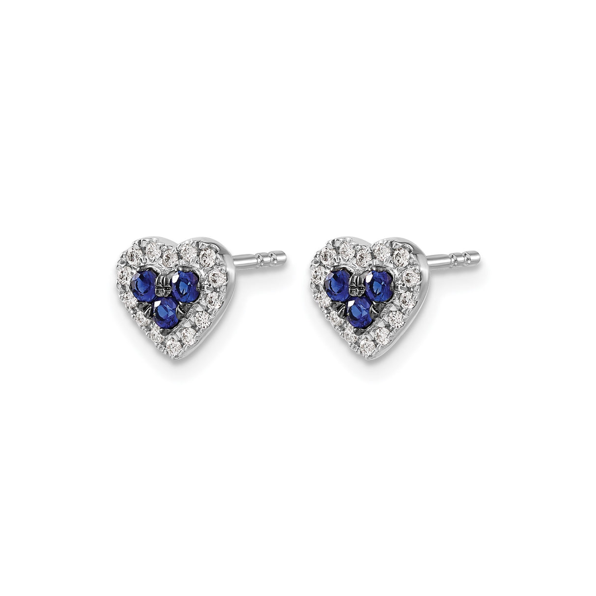 14k White Gold Heart Shaped Stud Earrings with Blue Sapphires and Diamond Halo