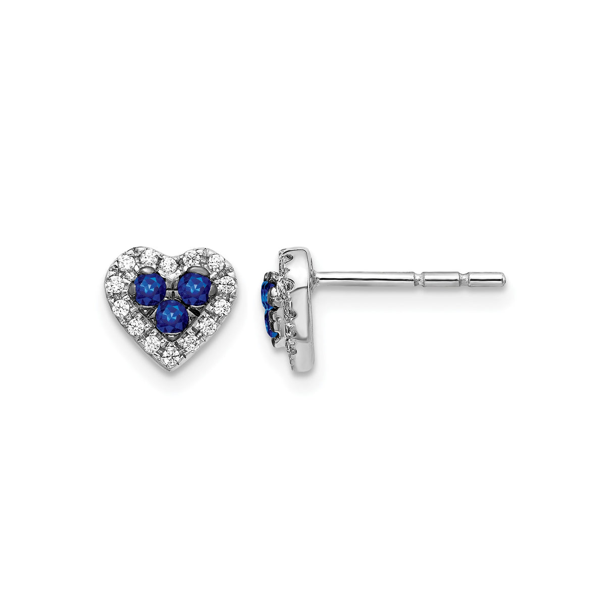 14k White Gold Heart Shaped Stud Earrings with Blue Sapphires and Diamond Halo
