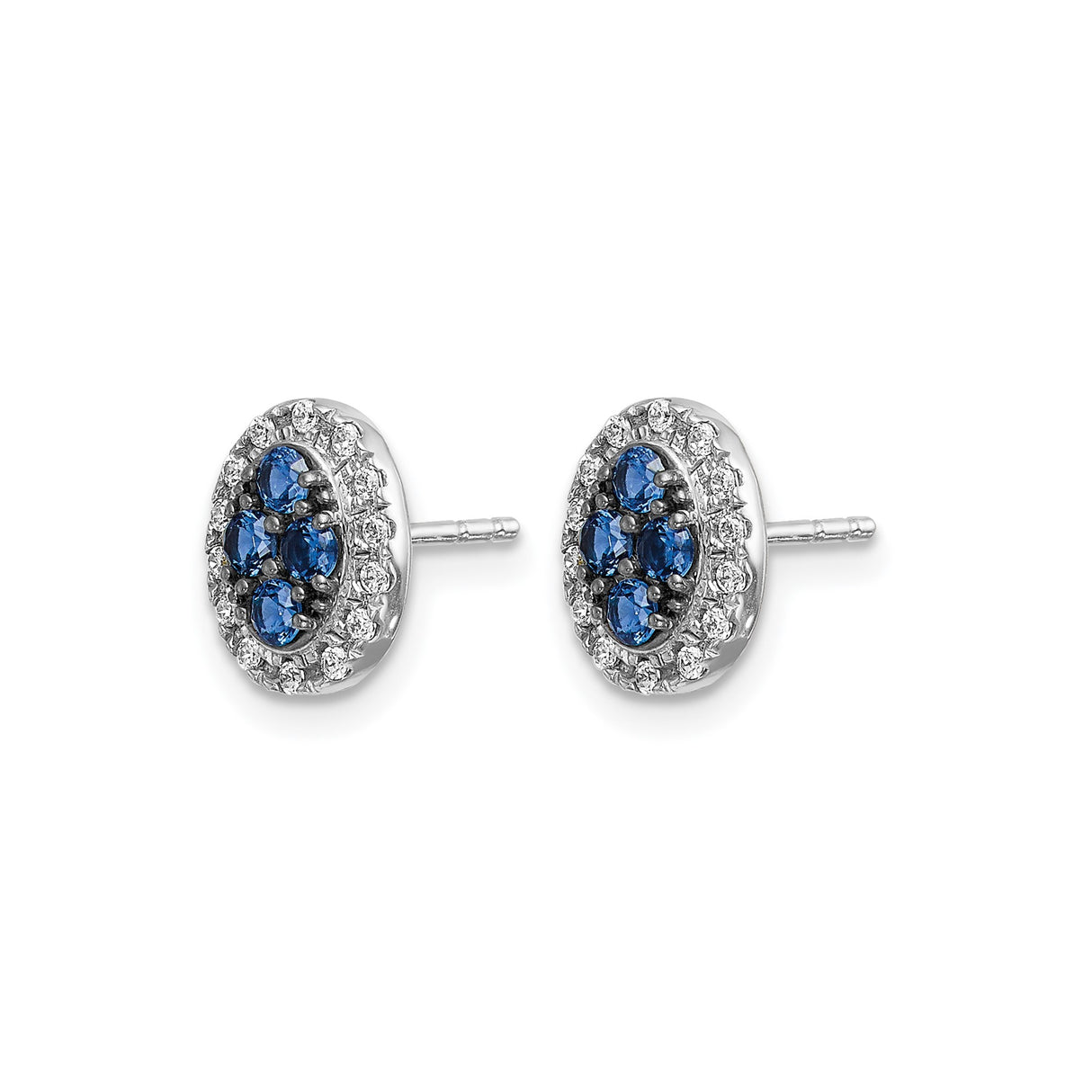 14k White Gold Stud Earrings with Blue Sapphires and Diamond Halo Cluster