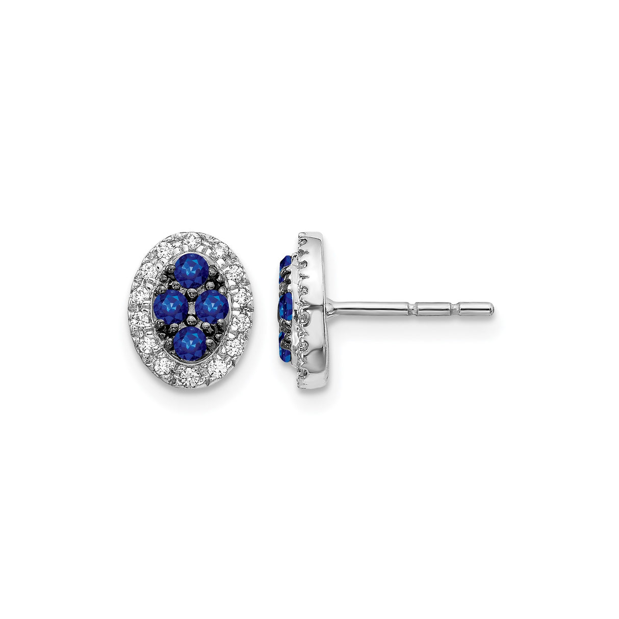 14k White Gold Stud Earrings with Blue Sapphires and Diamond Halo Cluster