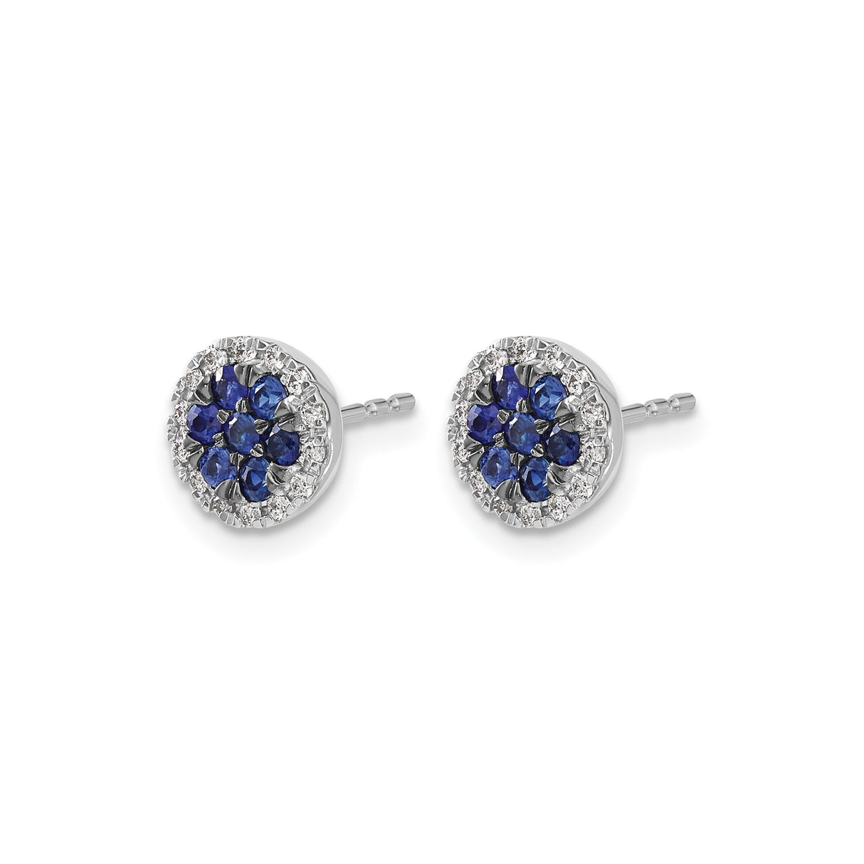 14k White Gold Stud Earrings with Blue Sapphires and Diamonds, Floral Halo Design