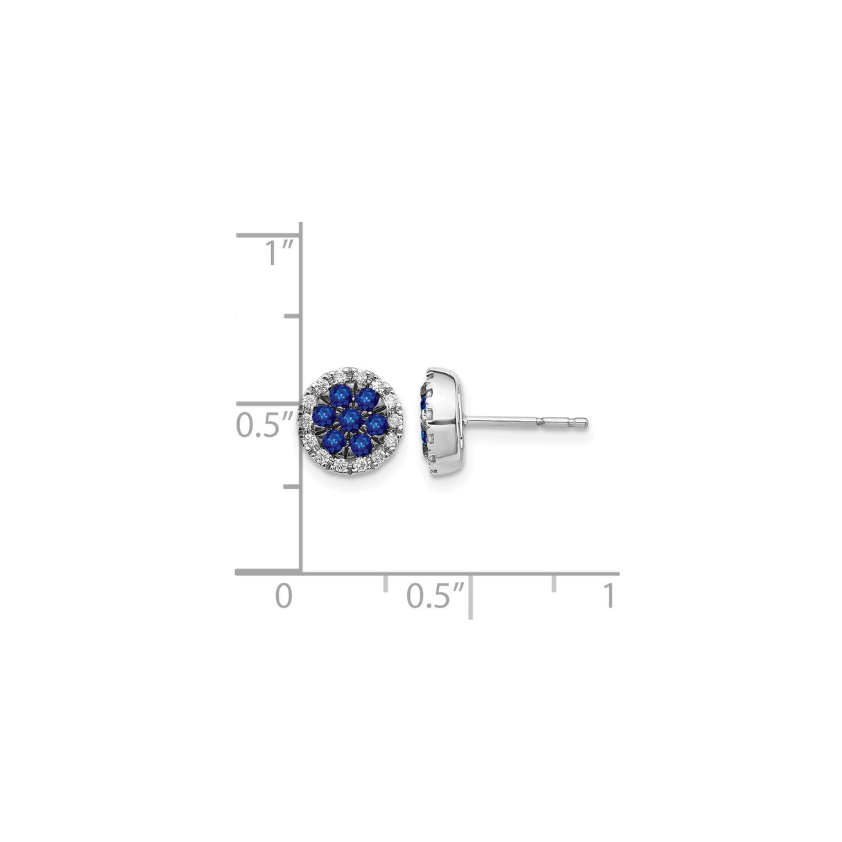 14k White Gold Stud Earrings with Blue Sapphires and Diamonds, Floral Halo Design