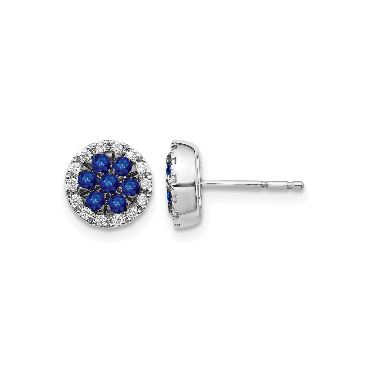 14k White Gold Stud Earrings with Blue Sapphires and Diamonds, Floral Halo Design