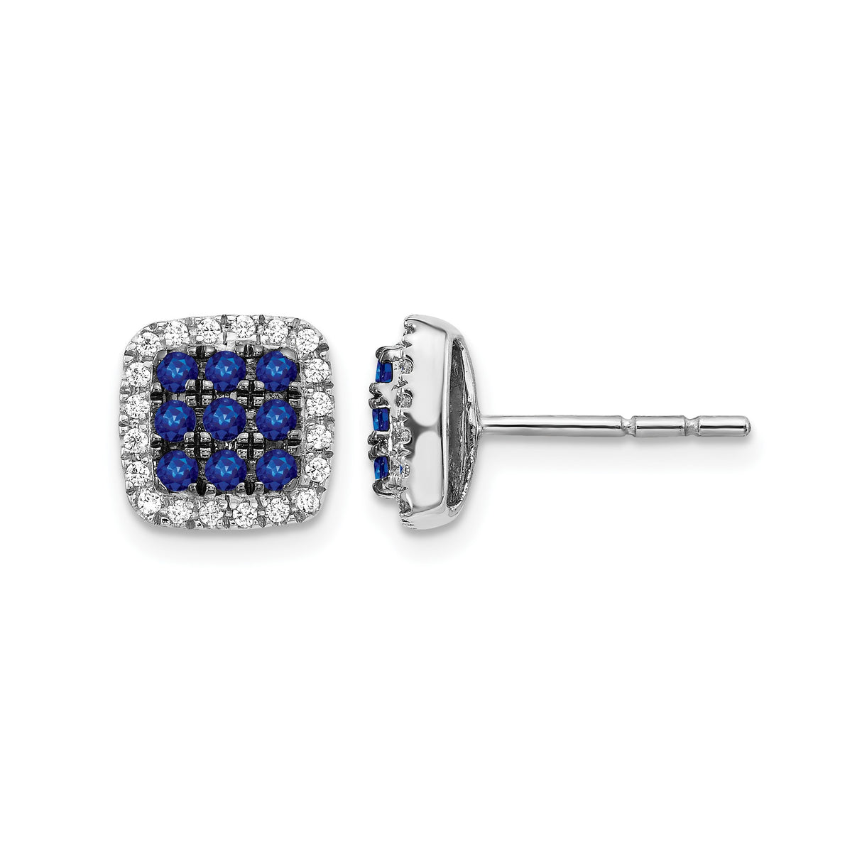 14k White Gold Stud Earrings with Blue Sapphire and Diamond Halo Design