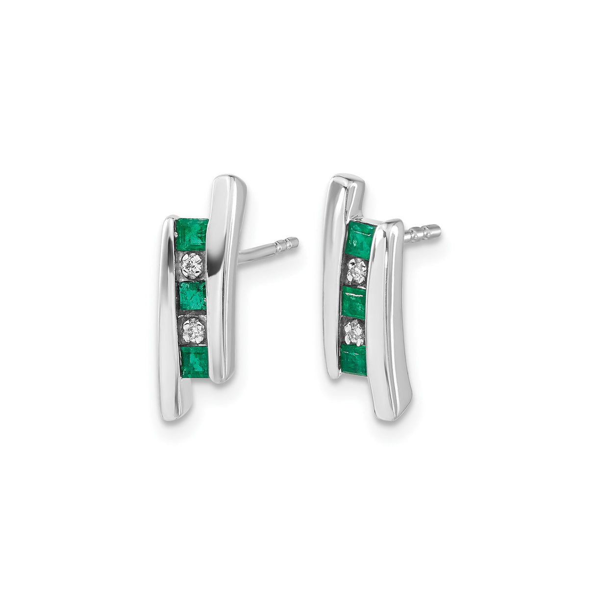 14k White Gold Stud Earrings with Square Cut Emeralds and Diamond Accents, Polished Finish
