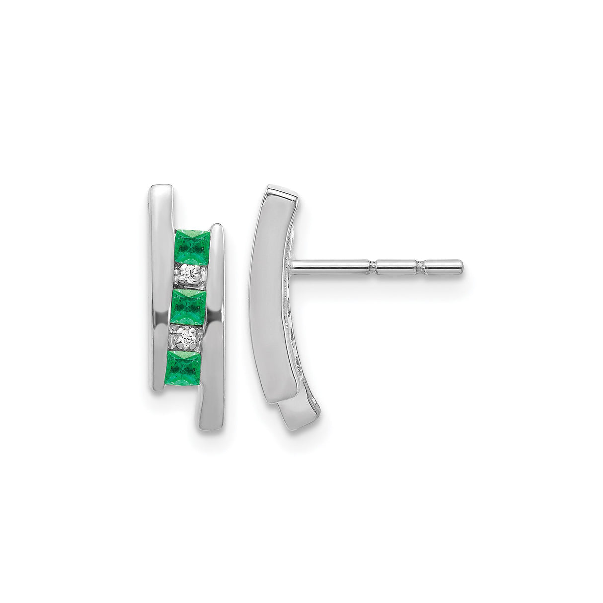 14k White Gold Stud Earrings with Square Cut Emeralds and Diamond Accents, Polished Finish