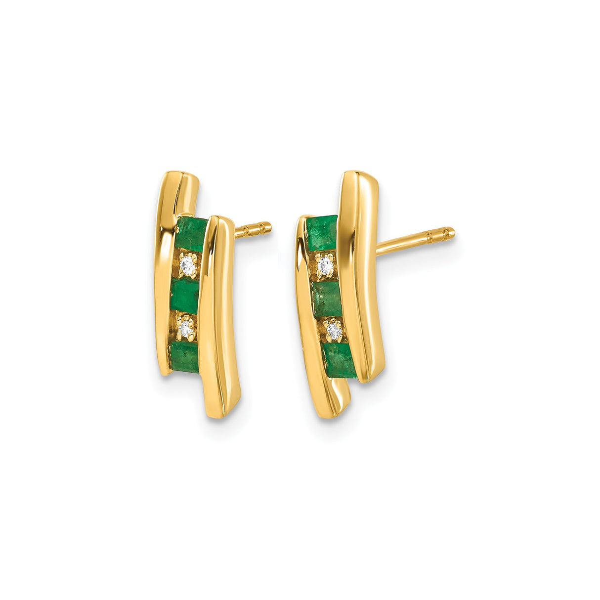 14k Yellow Gold Stud Earrings with Emerald and Diamond Accents, Modern Curved Design