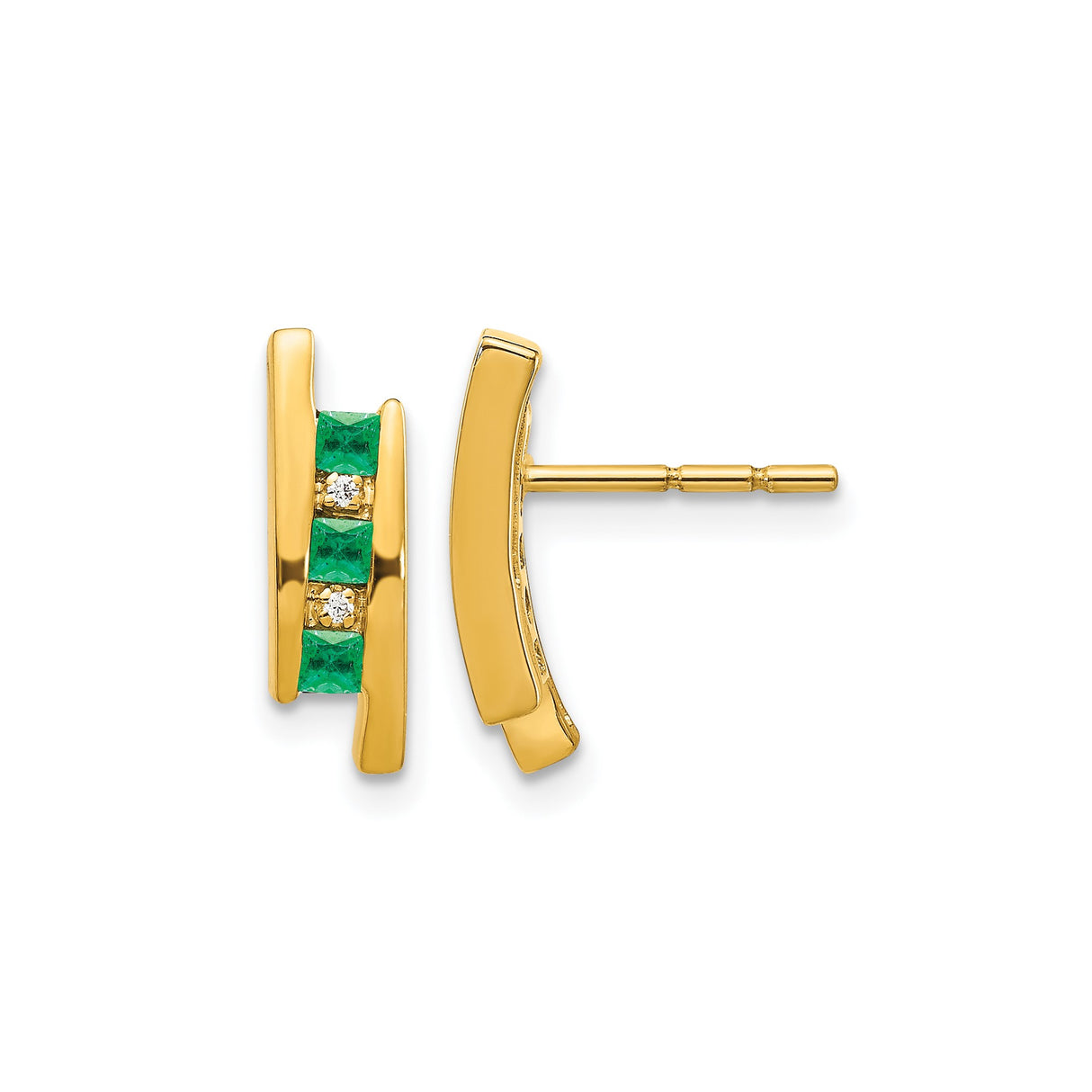 14k Yellow Gold Stud Earrings with Emerald and Diamond Accents, Modern Curved Design