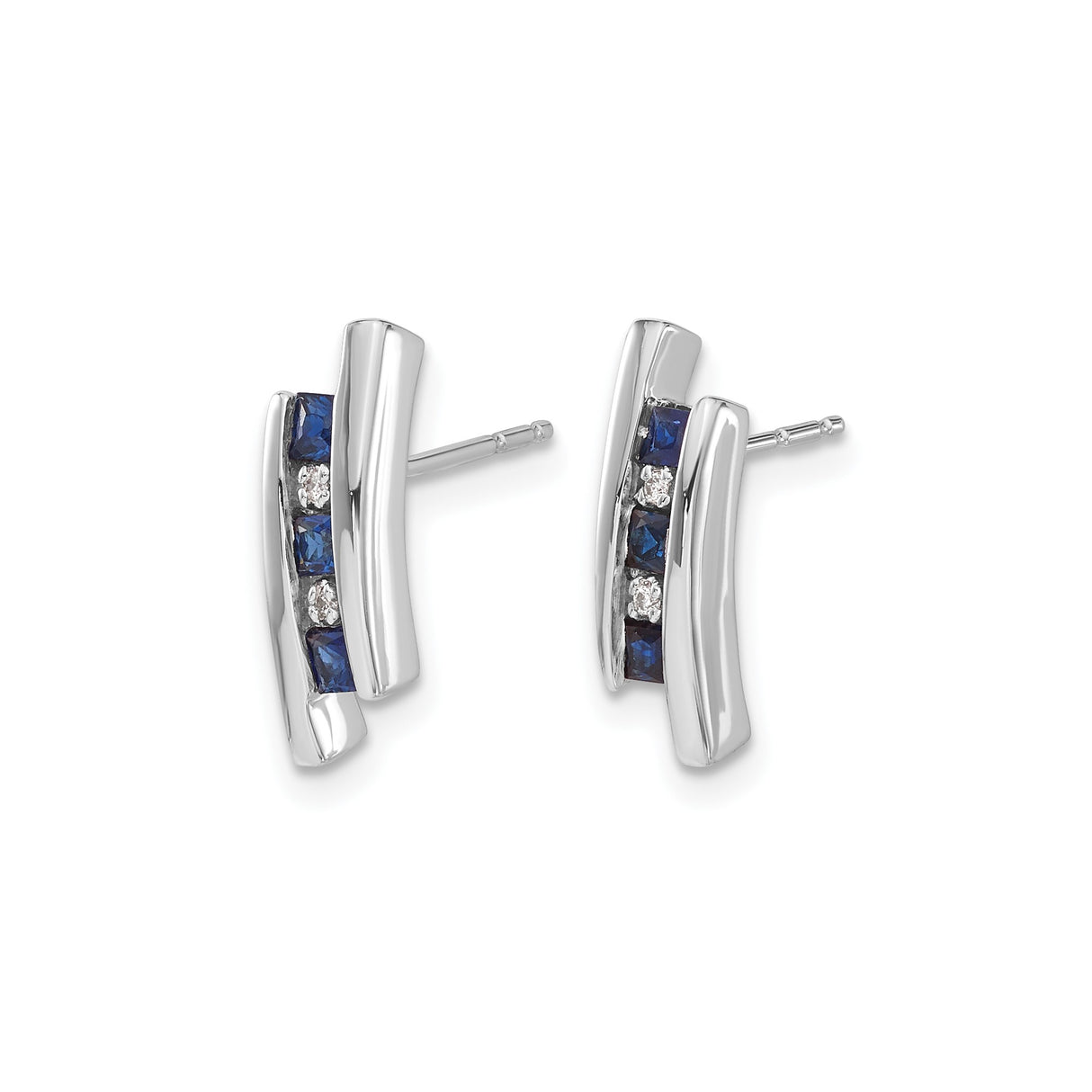 14k White Gold Curved Bar Stud Earrings with Blue Sapphires and Diamonds