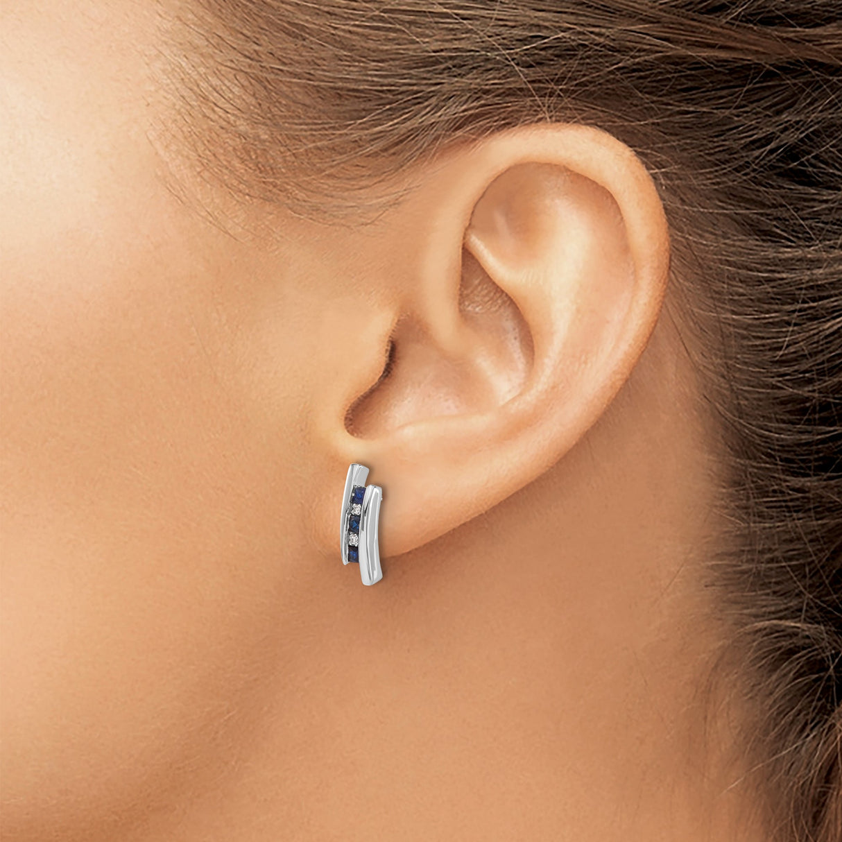 14k White Gold Curved Bar Stud Earrings with Blue Sapphires and Diamonds