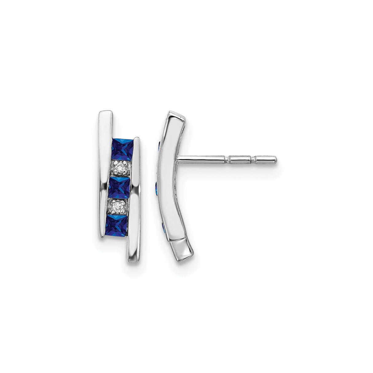 14k White Gold Curved Bar Stud Earrings with Blue Sapphires and Diamonds