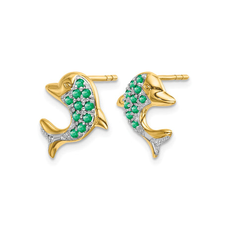 14k Yellow Gold Dolphin Stud Earrings with Emerald, Two-Tone Marine Life Design for Women