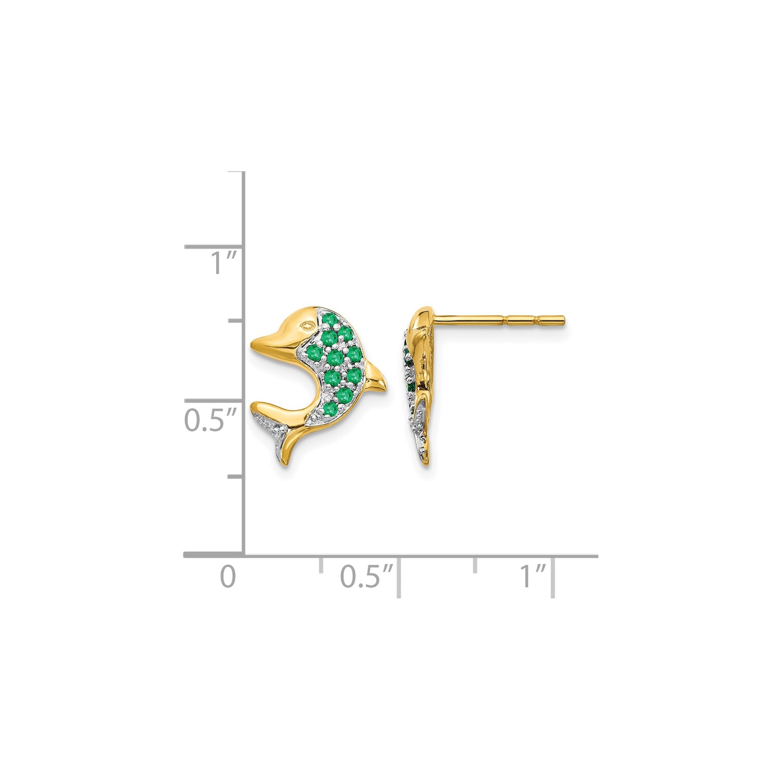 14k Yellow Gold Dolphin Stud Earrings with Emerald, Two-Tone Marine Life Design for Women