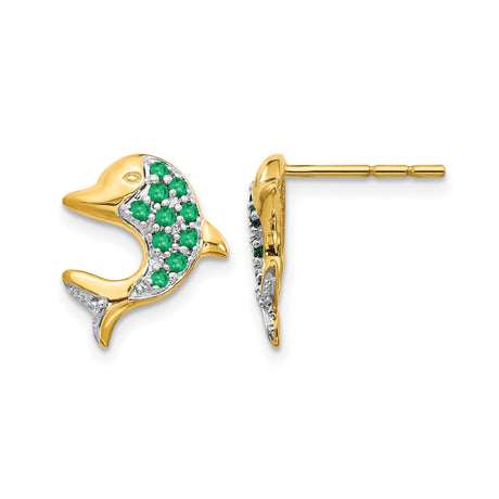 14k Yellow Gold Dolphin Stud Earrings with Emerald, Two-Tone Marine Life Design for Women