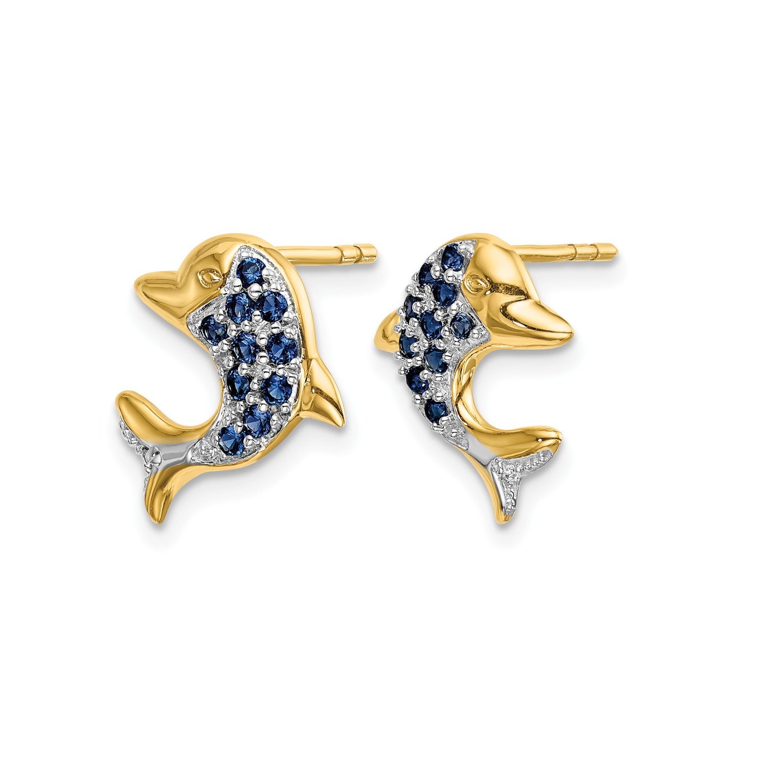 14k Yellow Gold Dolphin Stud Earrings with Sapphire, Two-Tone Nautical Marine Design