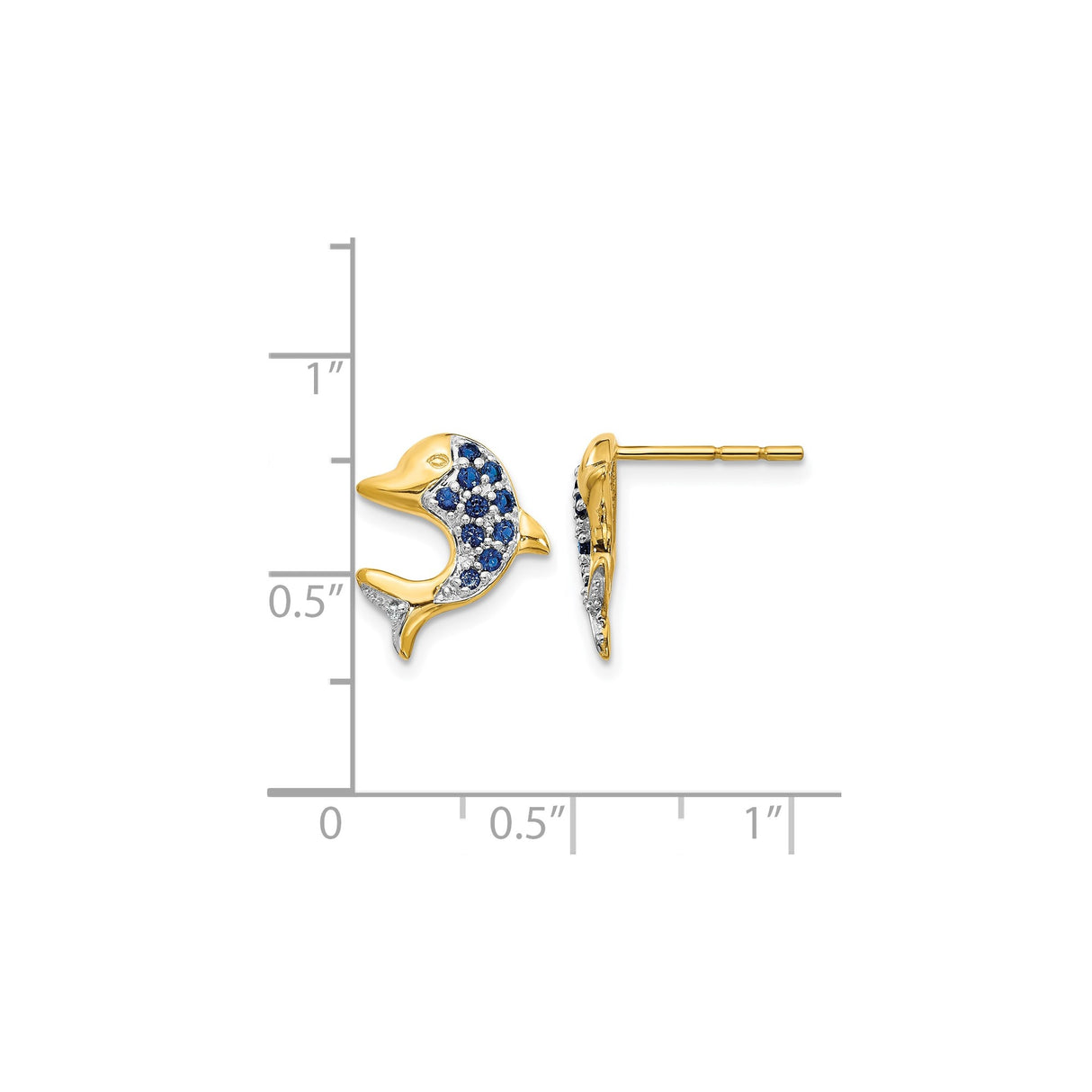 14k Yellow Gold Dolphin Stud Earrings with Sapphire, Two-Tone Nautical Marine Design