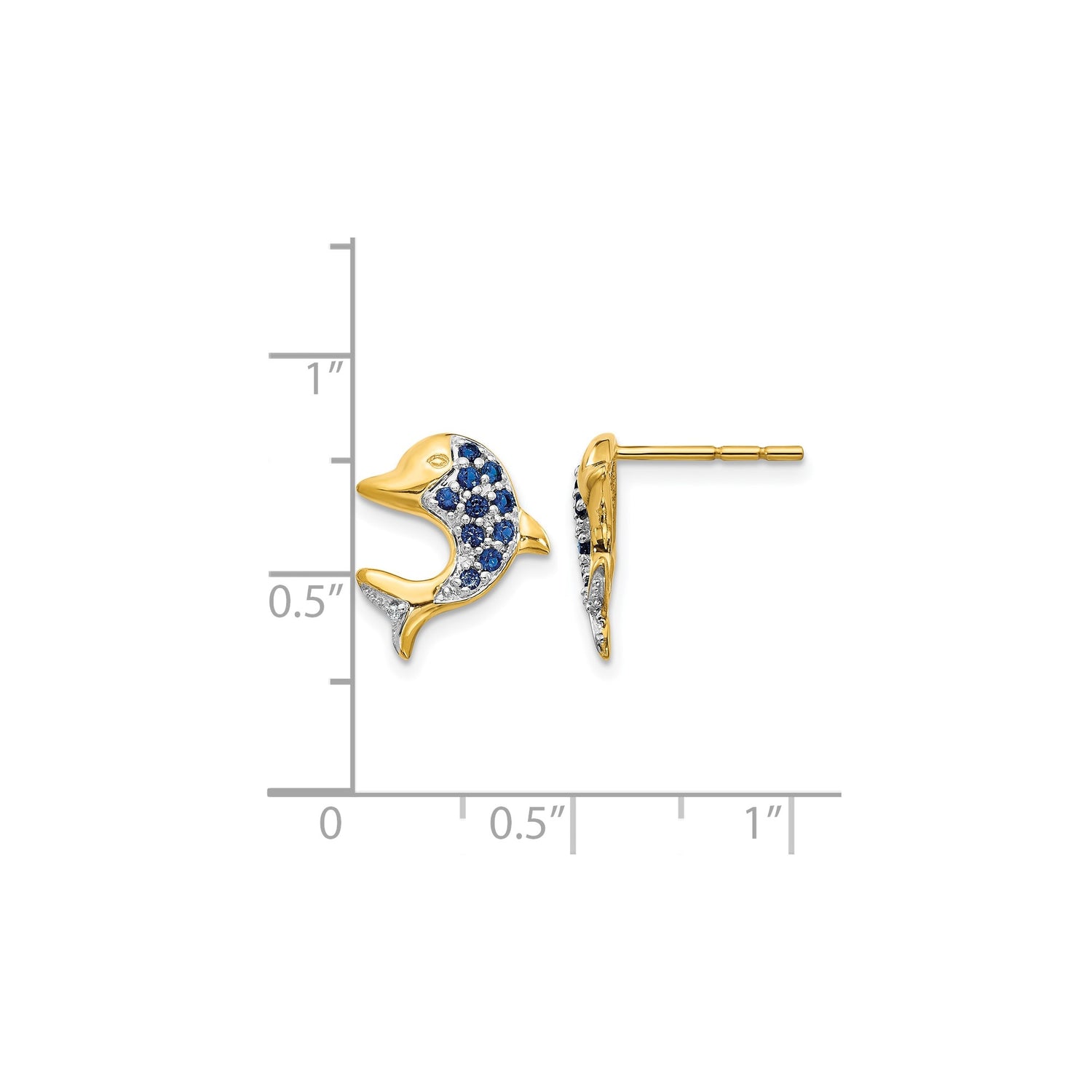 14k Yellow Gold Dolphin Stud Earrings with Sapphire, Two-Tone Nautical Marine Design