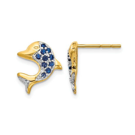 14k Yellow Gold Dolphin Stud Earrings with Sapphire, Two-Tone Nautical Marine Design