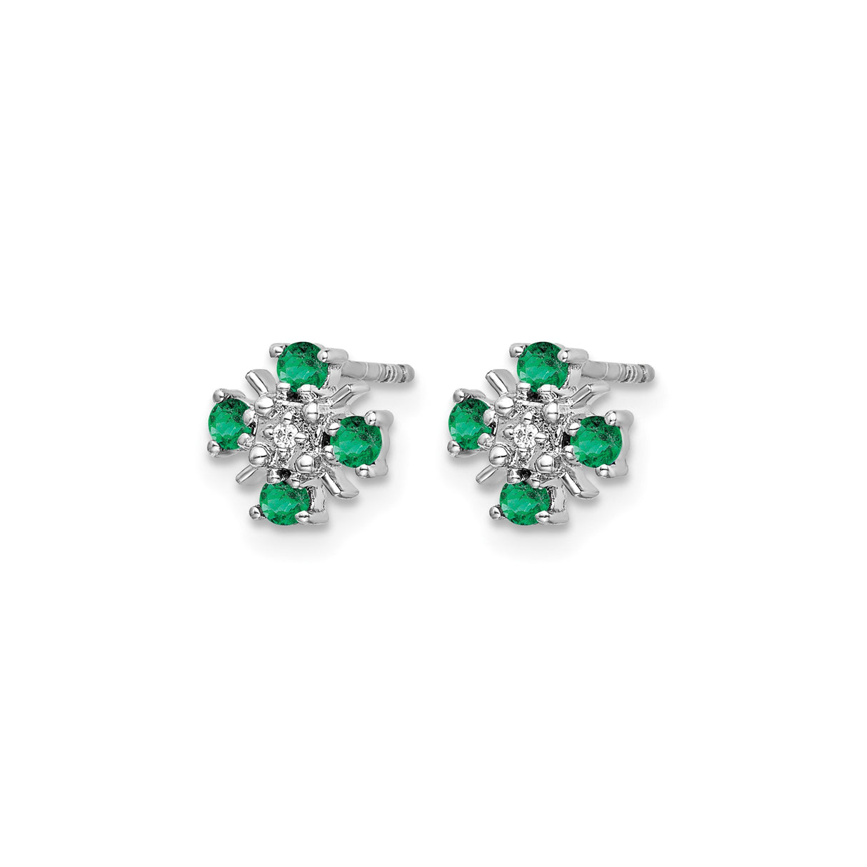 14k White Gold Stud Earrings with Green Emeralds and Diamonds, Floral Cluster Design