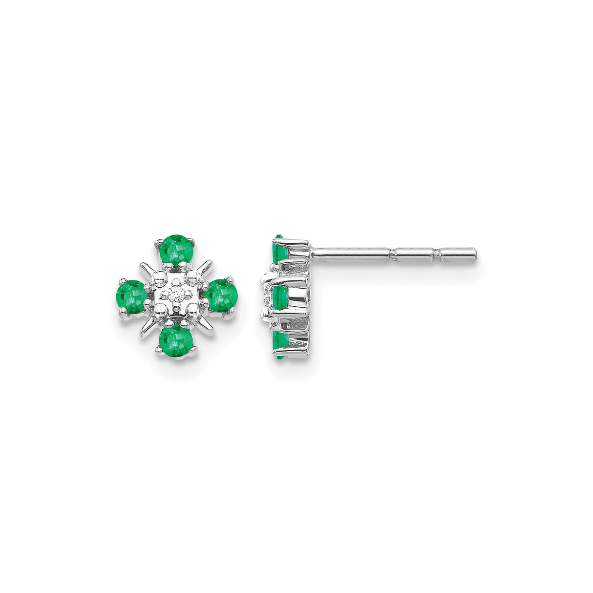 14k White Gold Stud Earrings with Green Emeralds and Diamonds, Floral Cluster Design