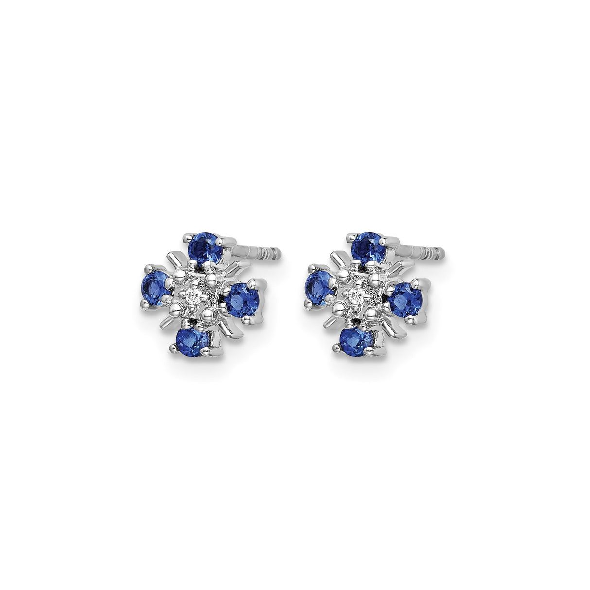 14k White Gold Stud Earrings with Blue Sapphires and Diamond Accent, Floral Cluster Design