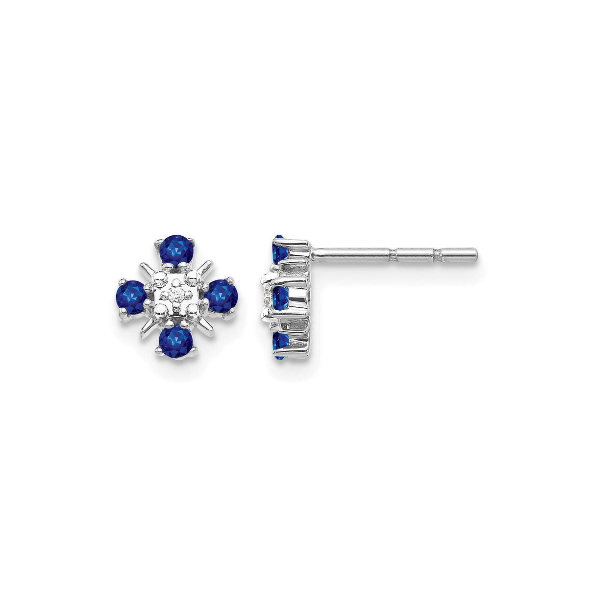 14k White Gold Stud Earrings with Blue Sapphires and Diamond Accent, Floral Cluster Design