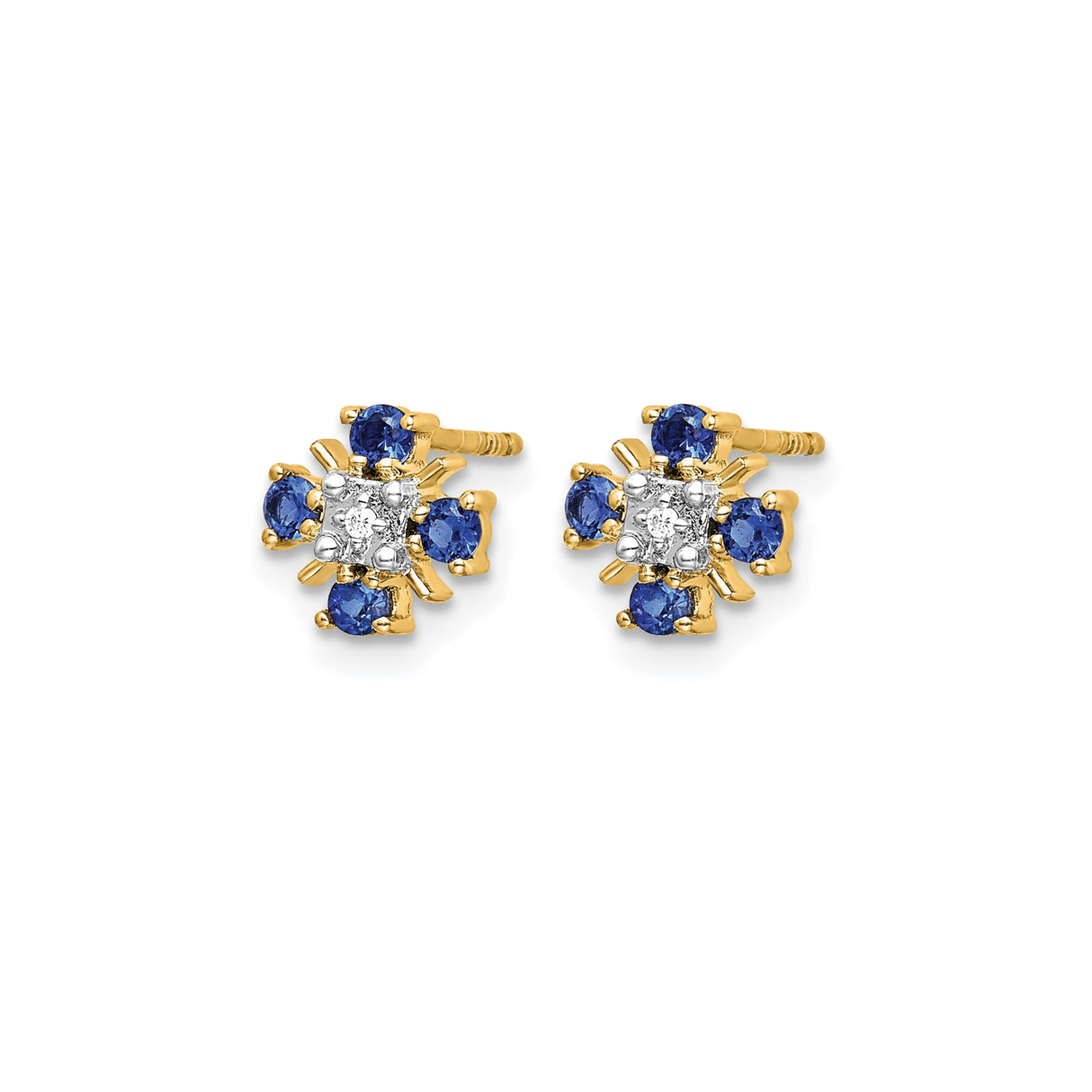 14k Yellow Gold Floral Stud Earrings with Blue Sapphires and Diamond Cluster