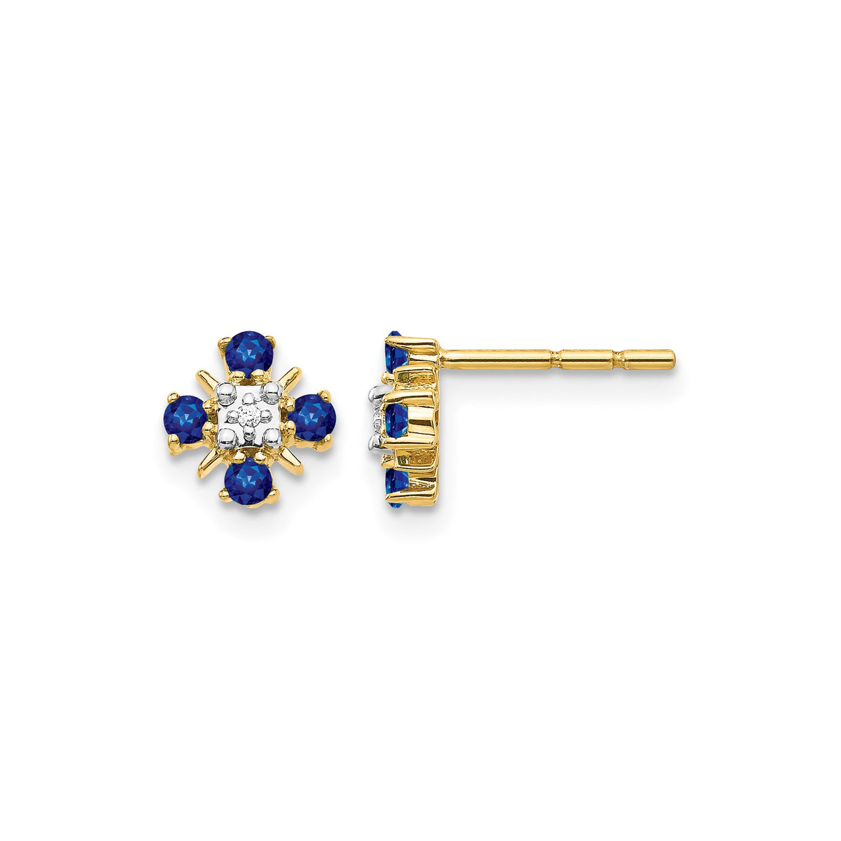 14k Yellow Gold Floral Stud Earrings with Blue Sapphires and Diamond Cluster