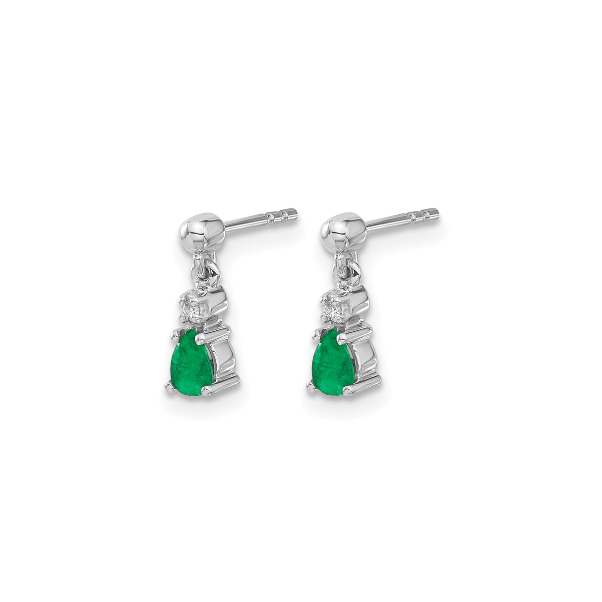 14k White Gold Dangle Earrings with Pear Emeralds and Diamond Accents, Polished Drop Design