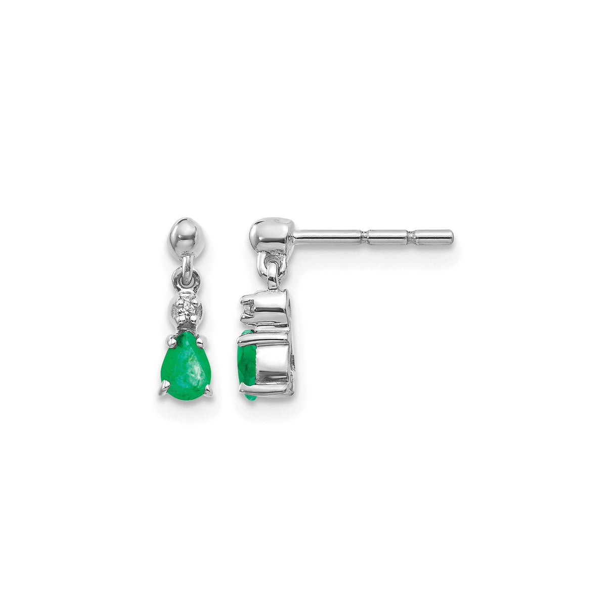 14k White Gold Dangle Earrings with Pear Emeralds and Diamond Accents, Polished Drop Design