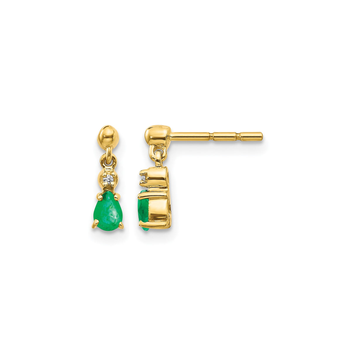 14k Yellow Gold Dangle Earrings with Pear Shaped Emeralds and Diamond Accents