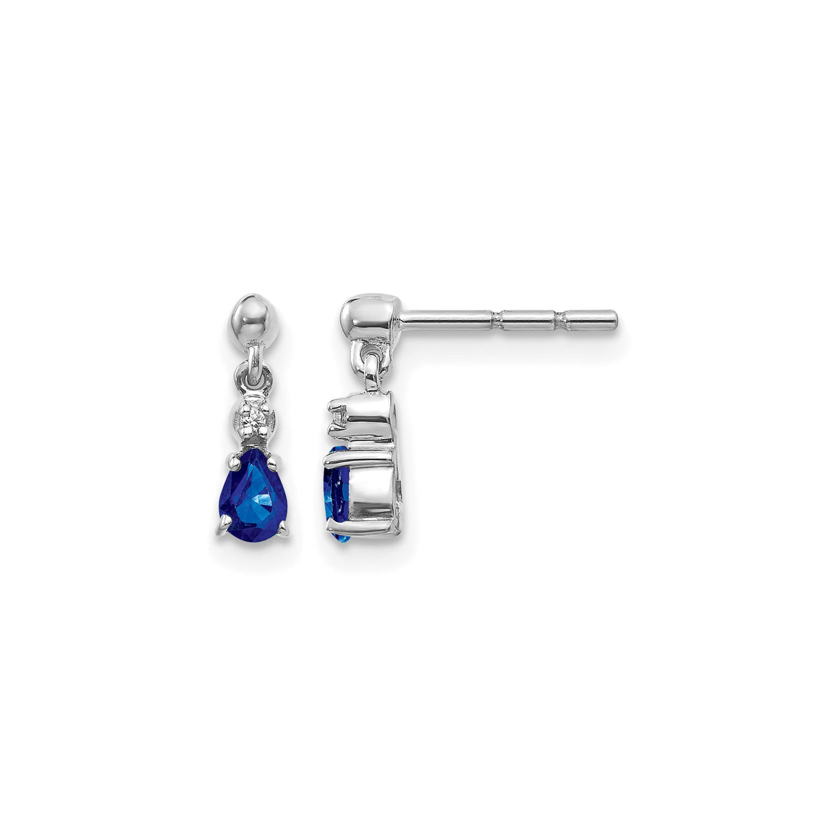 14k White Gold Dangle Earrings with Pear Shaped Blue Sapphire and Diamond Accents