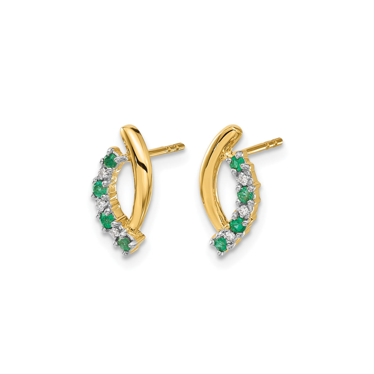 14k Yellow Gold Hoop Earrings with Emeralds and Diamonds, Curved Half Hoops for Women